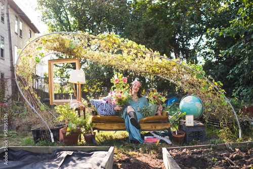 happy woman in styled garden scene