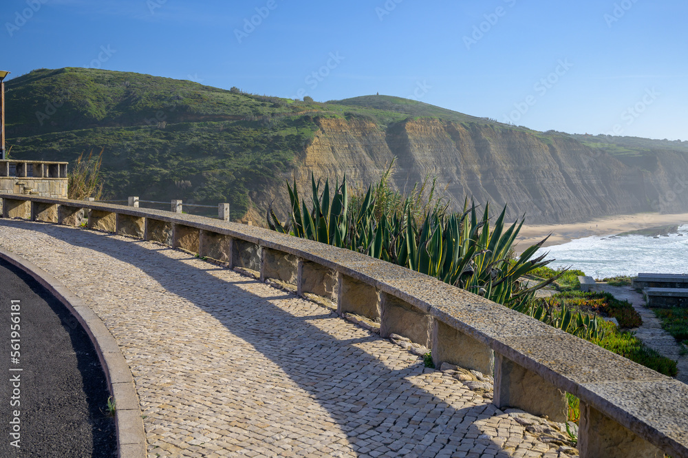 Magoito Beach, beautiful sandy beach on Sintra coast, Lisbon district, Portugal, part of Sintra-Cascais Natural Park with natural points of interest