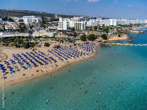 Aerial panoramic view on blue crystal clear water on Mediterranean sea near Nissi beach, Ayia Napa, Cyprus