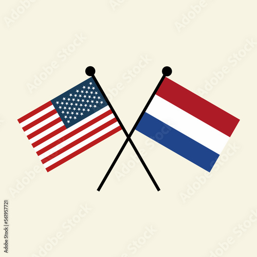 Flags of USA America and Netherlands with crossed position. Two national flag icons for symbol of agreement, cooperation, bilateral, negotiation, alliance, and politics.
