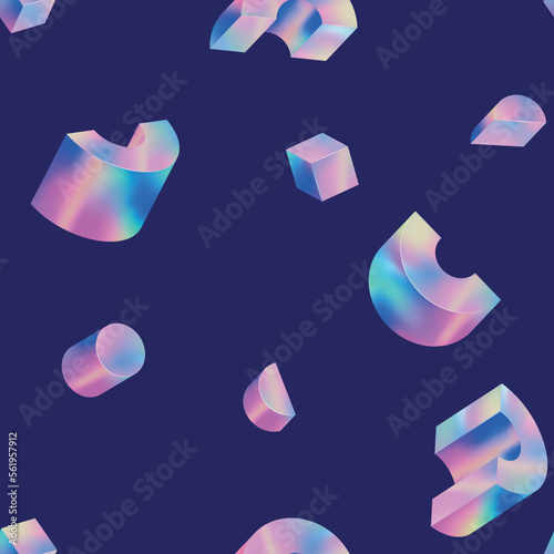 Seamless pattern with 3D volumetric geometric shape in holographic petrol color. Large shapes set against plain, simple dark blue backgrounds. Bold Minimalism. Vector illustration with arched figure