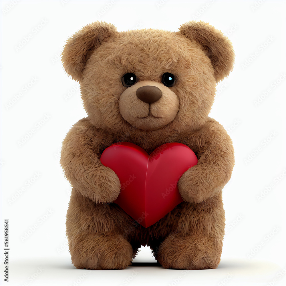 Fototapeta premium Cute teddy bear with heart, love and valentine's day card, 3d render illustration