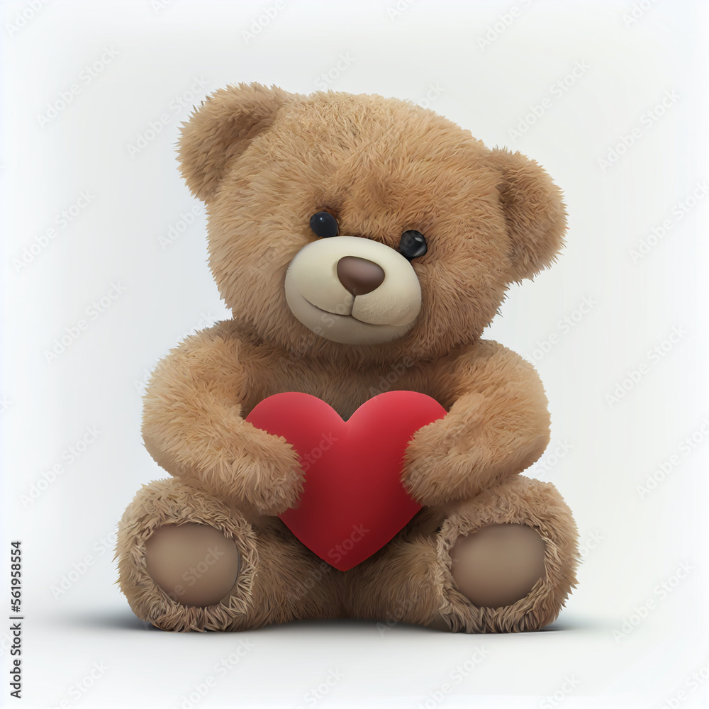 Fototapeta premium Cute teddy bear with heart, love and valentine's day card, 3d render illustration
