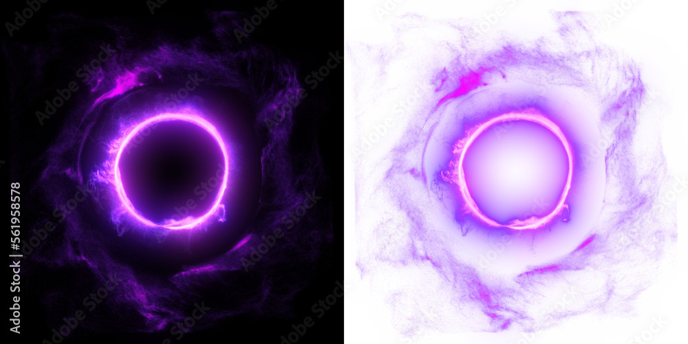 Magical fire light effect on transparent background. Lightning round frame with plasma portal. Ball and circle light effects in hud pink, purple hologram circles. - obrazy, fototapety, plakaty 