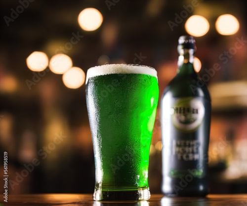 photo of a green beer poured into a glass in an Irish pub, San Patrick's Day - AI Generated
