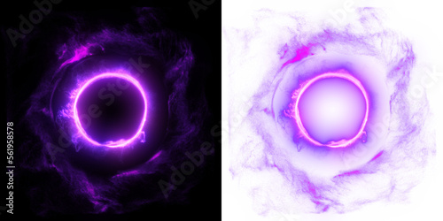 Magical fire light effect on transparent background. Lightning round frame with plasma portal. Ball and circle light effects in hud pink, purple hologram circles.