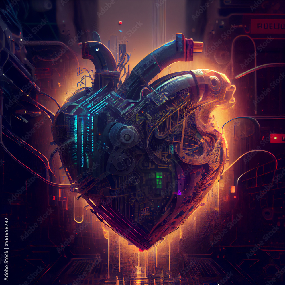 Cyberpunk heart with neon lights, futuristic heart love 3d render illustration
