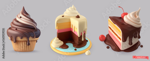 Chocolate cupcake, cake, slice of cake. 3d vector icon