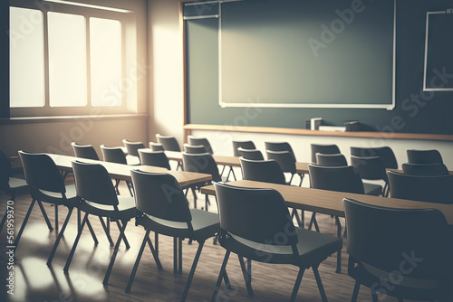 Empty classroom, college lecture hall preparing for education in university, conference room before meeting. Business meeting room or Board room interiors. vintage tone. Generative AI © 2rogan