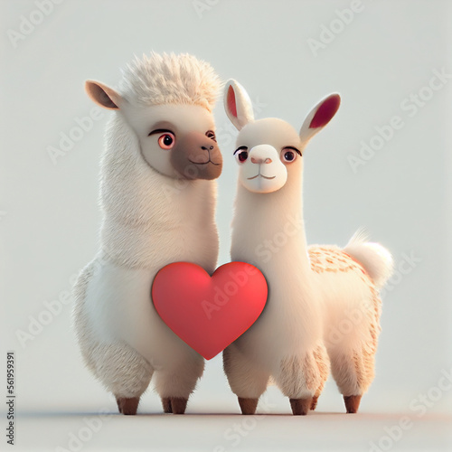 Cute llama or alpaca couple in love with hearts, 3d render cartoon illustration