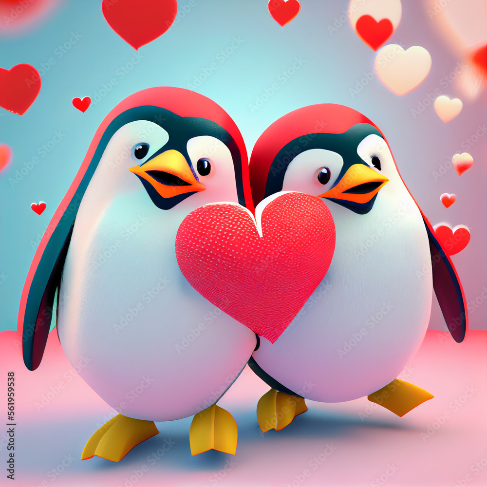 Cute penguin couple in love with hearts, 3d render cartoon illustration Cute penguin couple in love with hearts, 3d render cartoon illustration