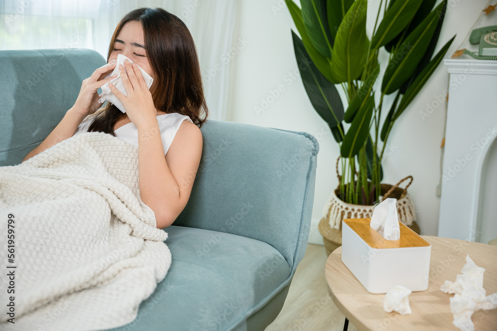 Asian young woman she sick blowing nose sneezing in tissue at home, fever caught cold, Sick female sitting under blanket on sofa and sneeze with tissue paper in living room, medicine healthcare Asian young woman she sick blowing nose sneezing in tissue at home, fever caught cold, Sick female sitting under blanket on sofa and sneeze with tissue paper in living room, medicine healthcare