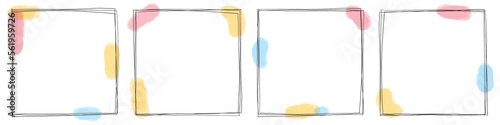 Square handdrawn template for social media post. Abstract minimalistic backgrounds with colorful pastel color watercolor stains and black thin line border. hand drawn illustration. Brush stroke. Blue