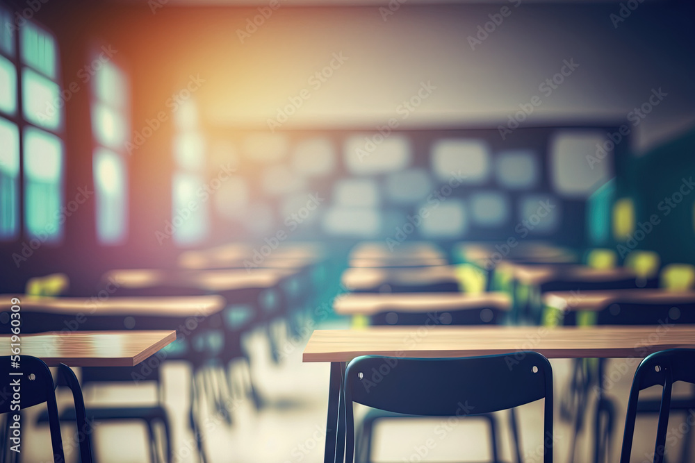 School classroom in blur background without young student; Blurry view of elementary class room no kid or teacher with chairs and tables in campus. Generative AI