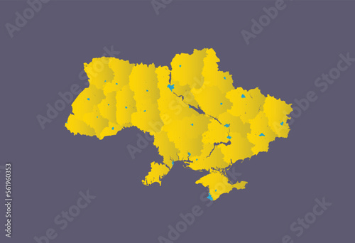 Map of Ukraine with rivers and lakes. The map shows oblasts and small maps of their centers (in blue).  photo