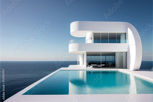Contemporary residential villa. Modern architecture with beautiful swimming pool and sea view. Generative AI illustration © ardanz