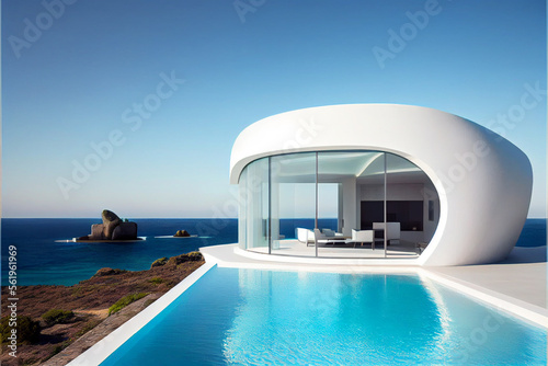 Contemporary residential villa. Modern architecture with beautiful swimming pool and sea view. Generative AI illustration