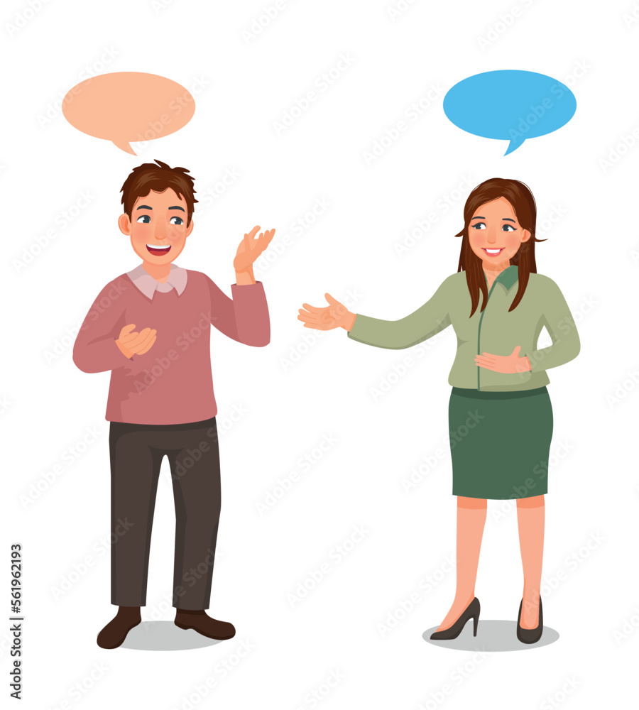 Young people talking between business man and woman having conversation with speech bubbles Young people talking between business man and woman having conversation with speech bubbles