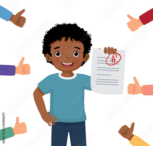 happy little African boy feel proud showing A plus test result surrounded by many thumbs up getting  like gestures