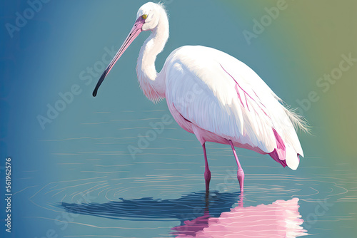 A white colored spoonbill bird is in the water. Spoonbills are a genus, Platalea, of large, long legged wading birds. Generative AI