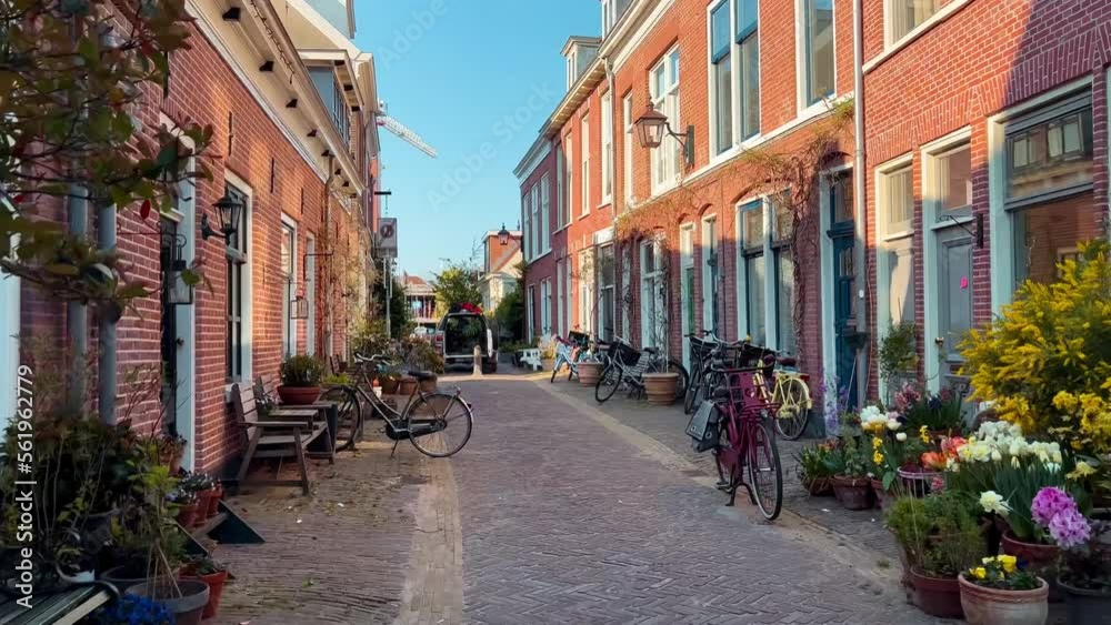 Typical Dutch architecture in the historic city center Haarlem, the Netherlands, 24 April 2022. High quality 4k footage