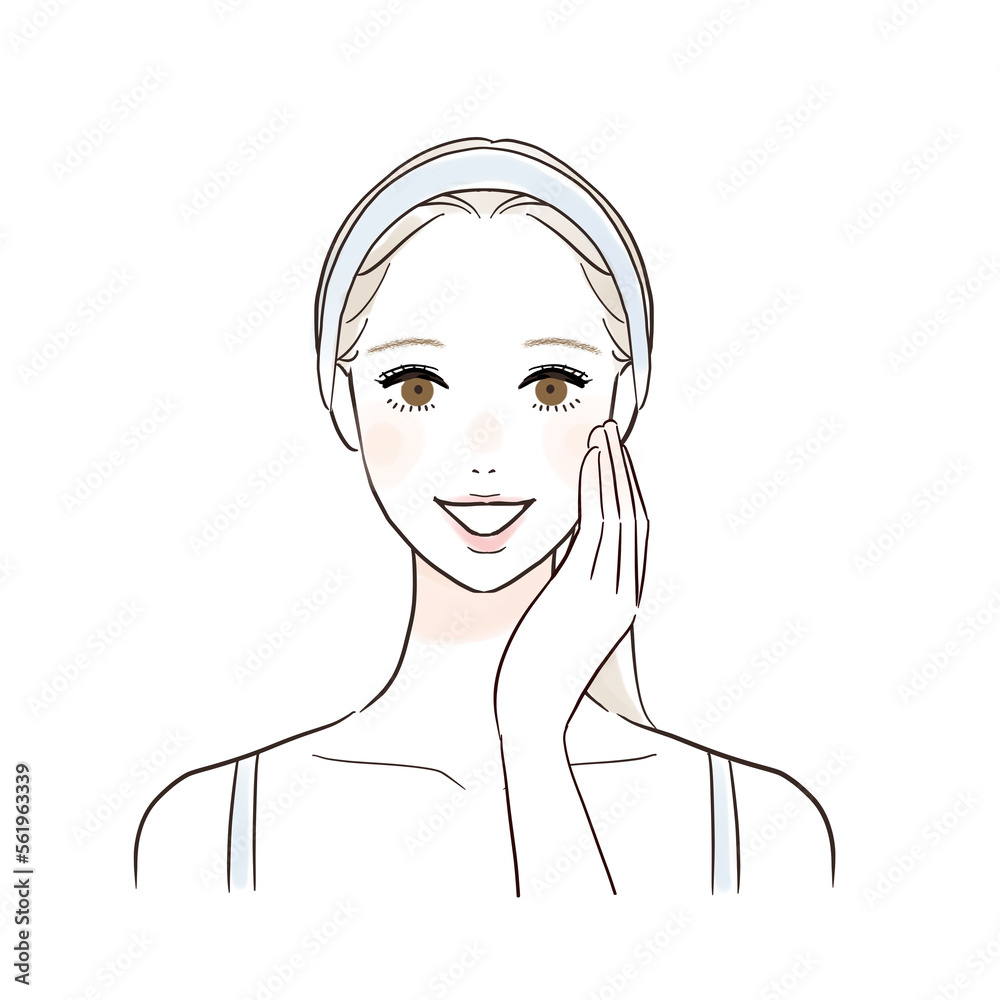 笑顔で頰を触る女性 スキンケア 笑顔で頰を触る女性 スキンケア