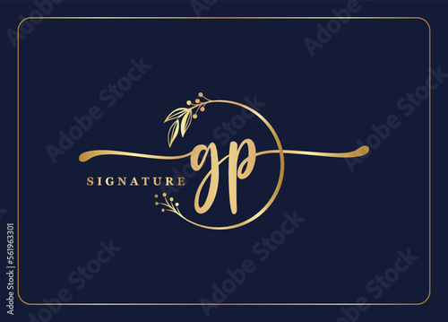 luxury gold signature initial GP logo design isolated leaf and flower