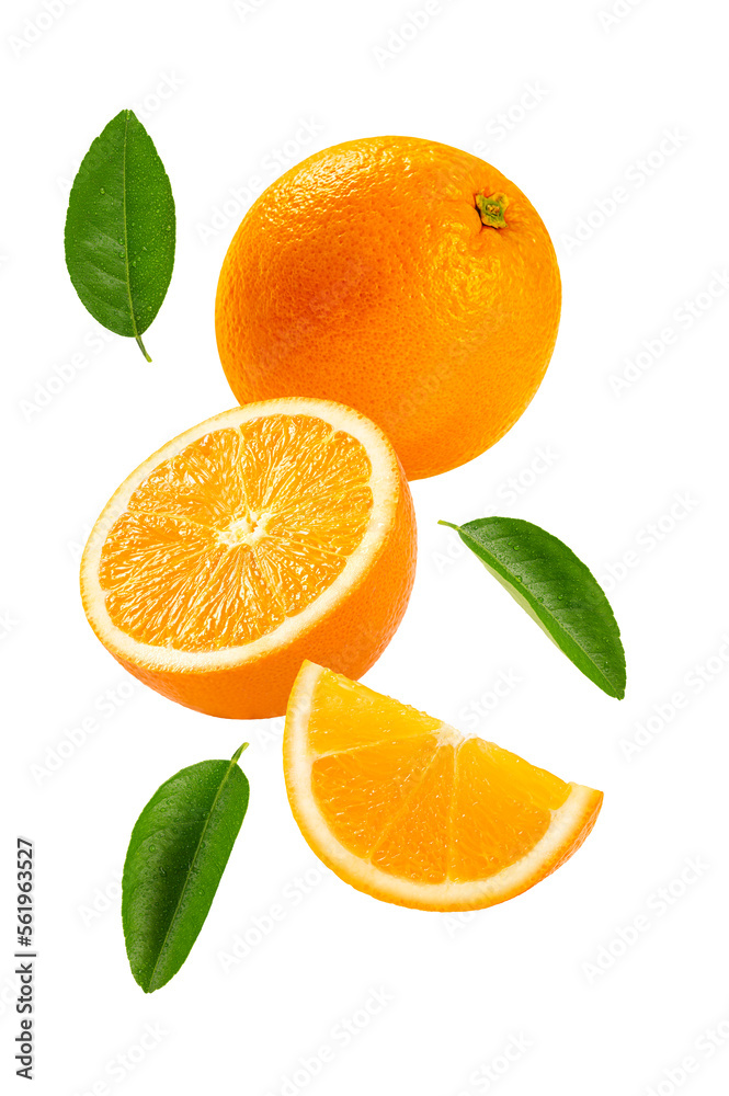 Falling or levitate Orange fruits with half and leaves isolated on white background. Falling or levitate Orange fruits with half and leaves isolated on white background.