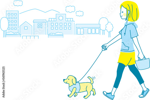公園で犬の散歩をしている若い女性のイラスト