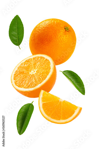 Falling or levitate Orange fruits with half and leaves isolated on white background.