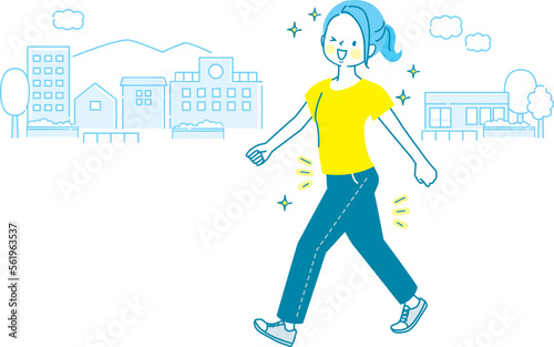 公園でウォーキングダイエットをする若い女性のイメージイラスト