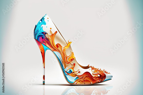 Slika na platnu Colourful high heels on white background. AI generative