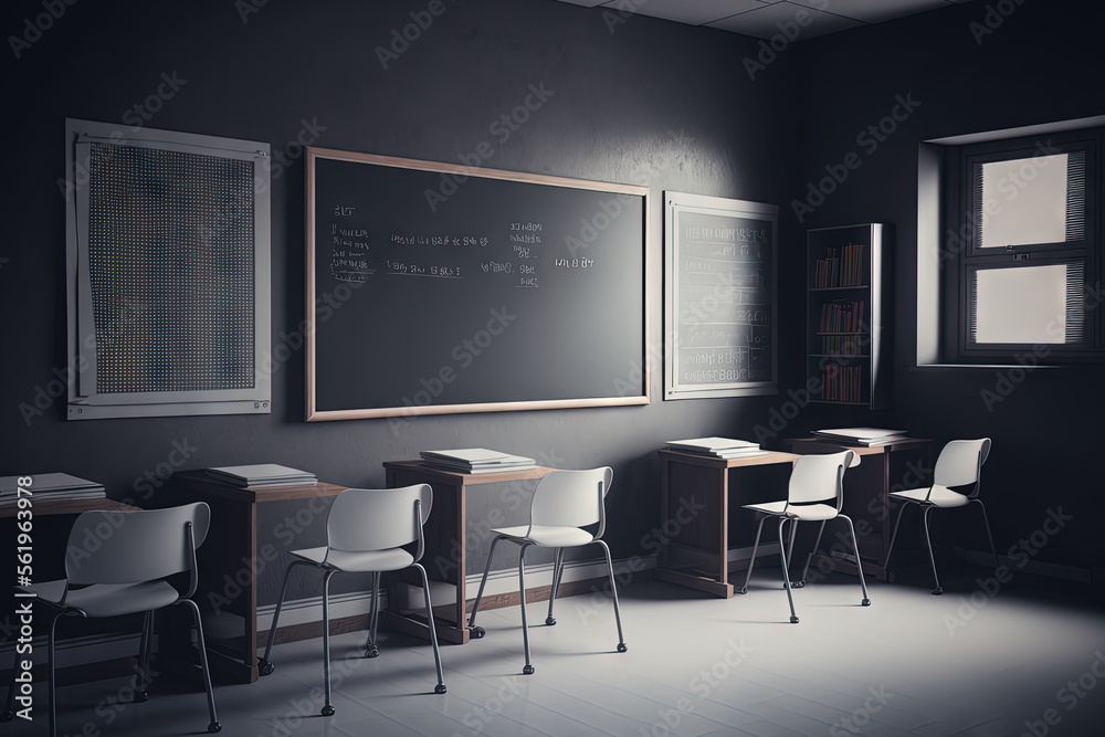 Empty modern classroom with chairs, desks and chalkboard. Generative AI Empty modern classroom with chairs, desks and chalkboard. Generative AI