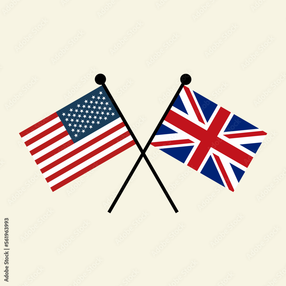 Flags of USA America and United Kingdom UK with crossed position. Two
