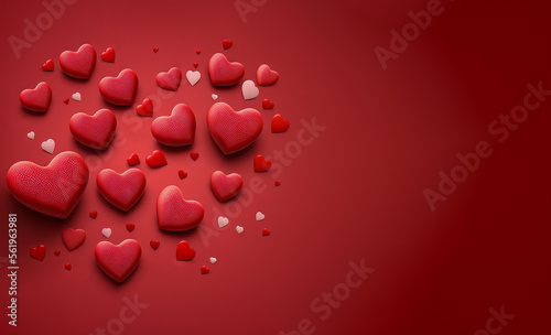 Valentines day theme, February 14, red 3d confetti shaped hearts on bright red background. Created by digital art. Room for words.