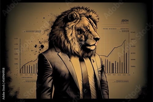 Lion in suit Business stock market with graphic diagram. Generative AI photo