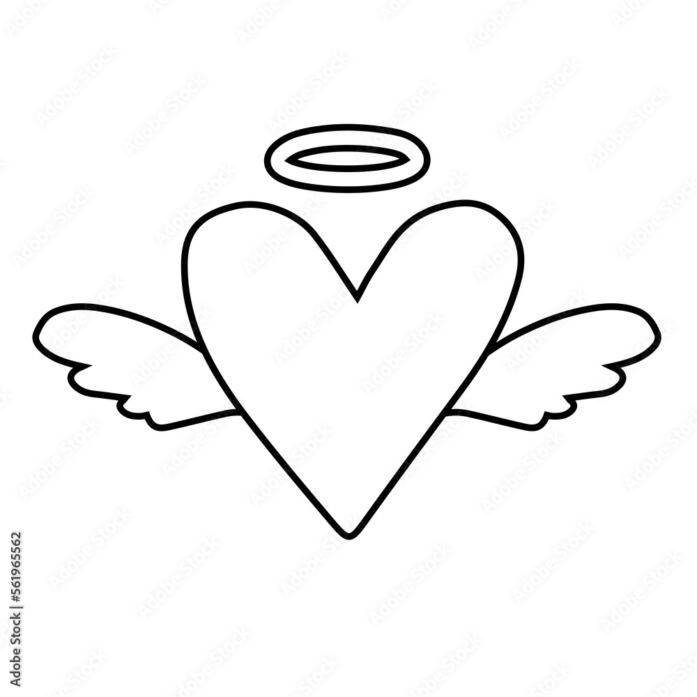 Vector hand drawn flat outline heart with angel wings isolated on white background Vector hand drawn flat outline heart with angel wings isolated on white background