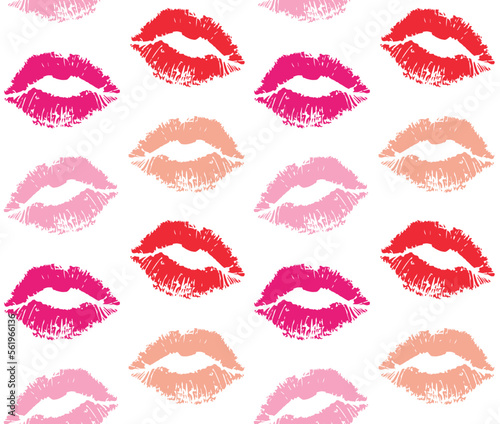Vector seamless pattern of different color lipstick lips kiss imprint isolated on white background