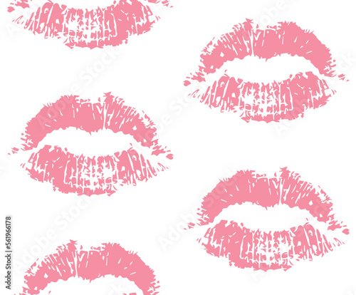 Vector seamless pattern of pink lipstick lips kiss isolated on white background