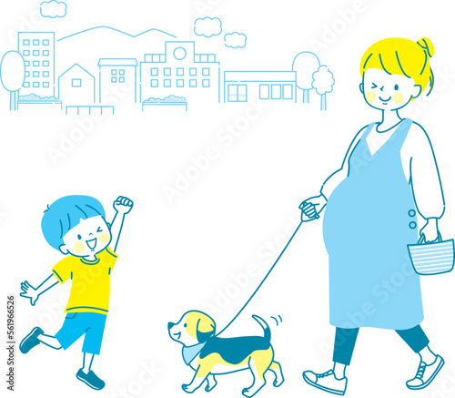 妊婦中のママと犬の散歩をしている男の子のイラスト