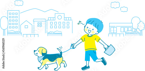 犬の散歩をしている男の子のイラスト