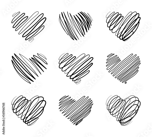 Set of black hand drawn hearts for Valentine's Day. Doodle line style. Collection of isolated vector design elements for icon or button, greeting card, invitation, poster, web banner.
