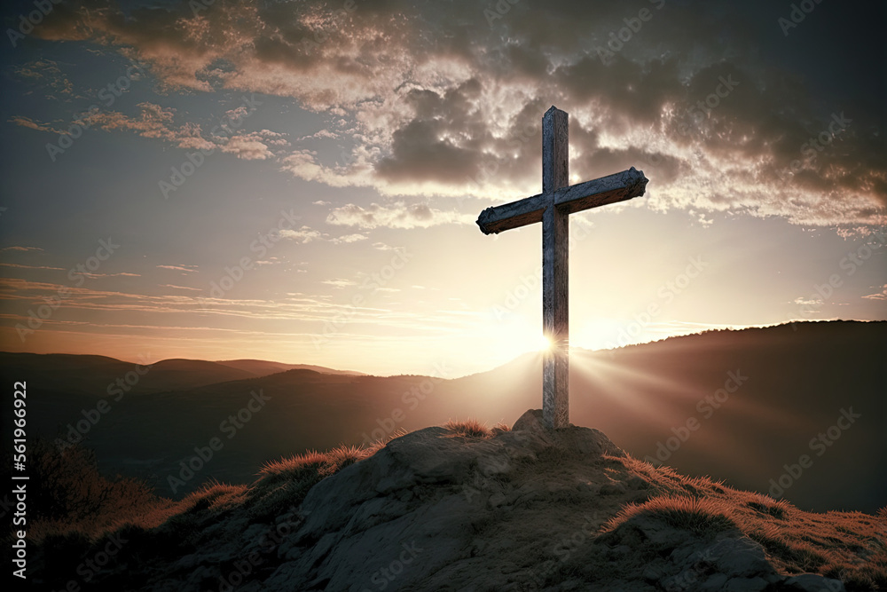 At dawn, a Christian cross is seen on a hill outside. risen state of Jesus. Generative AI