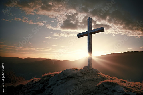 At dawn, a Christian cross is seen on a hill outside. risen state of Jesus. Generative AI