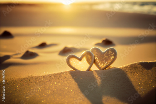 Two hearts tropical summer sand beach and bokeh sunlight  , golden hour   ,GENERATIVE AI