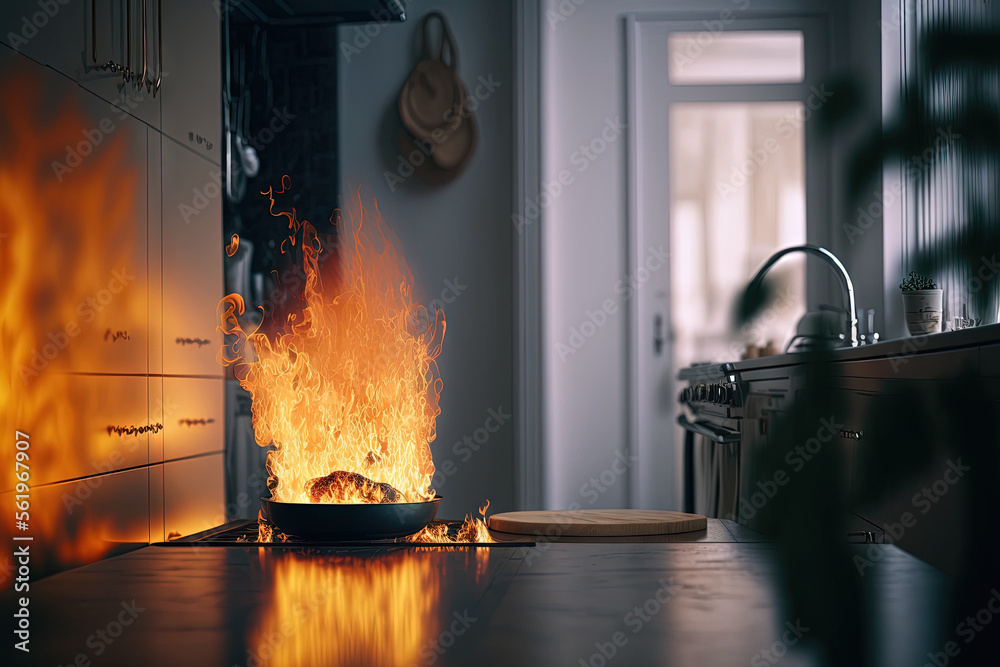 Fire, explosion with red flames of fire in the kitchen in a living room ...