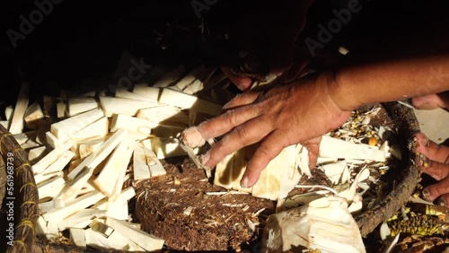 A woman's hand is slicing a young jackfruit or tewel. The morning sun illuminates some. Focus selected photo