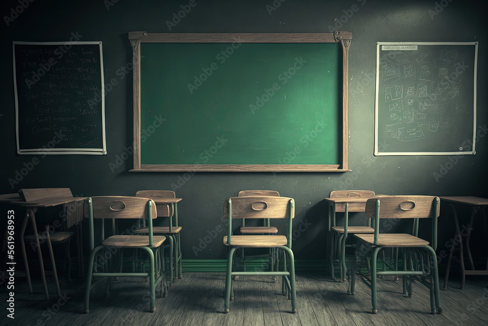 Empty school classroom. Green chalkboard on the wall. Education concept. Blackboard, desks and chairs in the class. Classroom of elementary school without students and teacher. Back to school