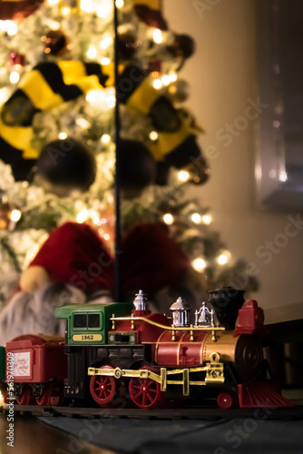 toy train and christmas decorations