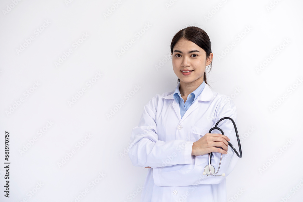 Portrait of female doctor in medical coat standing on isolated white background Portrait of female doctor in medical coat standing on isolated white background